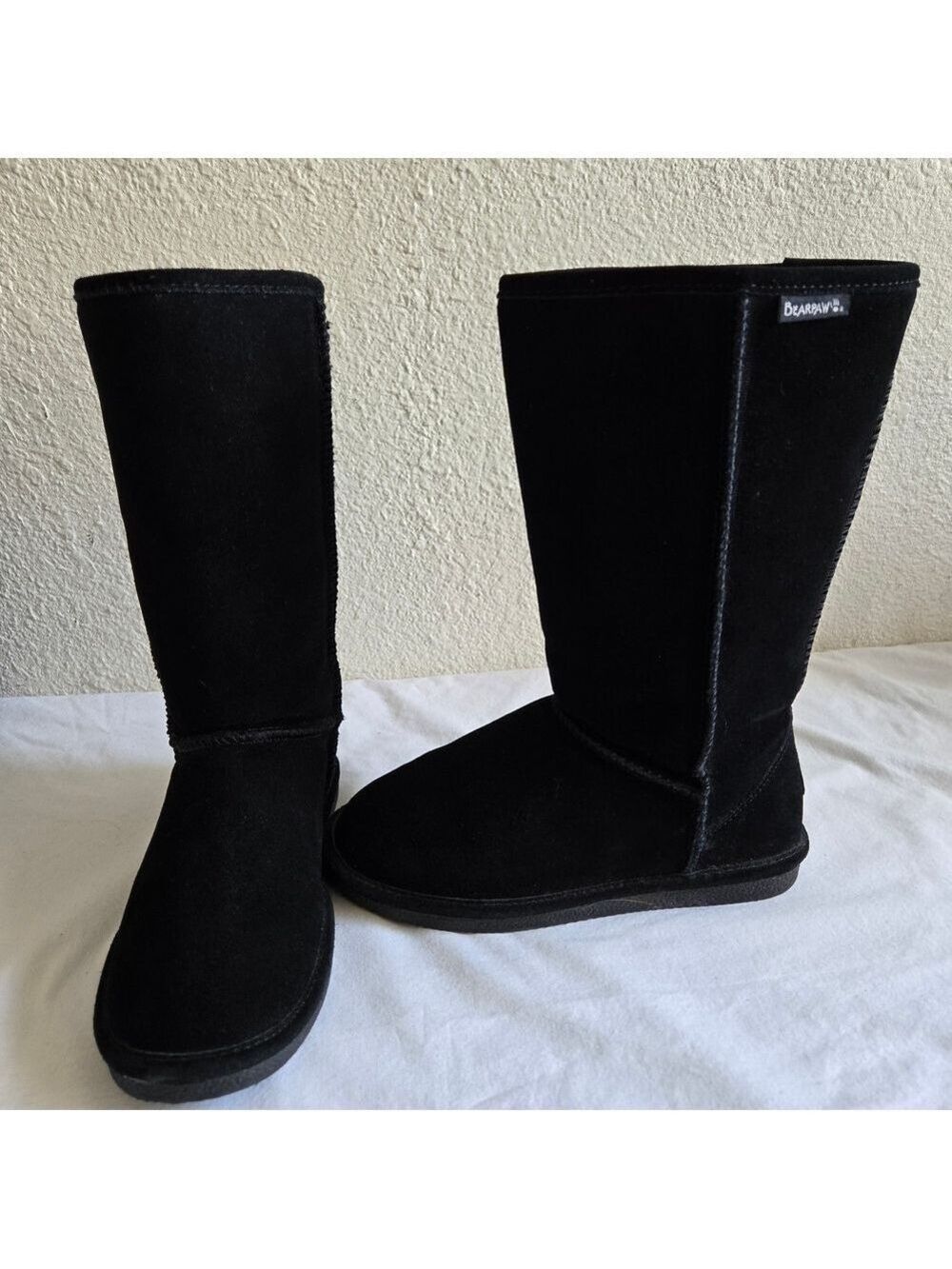 BEARPAW BOOTS 'ELLE' 12' HIGH BLACK SUEDE WOMENS WOOL SHEEP SKIN SIZE 8